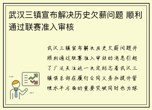武汉三镇宣布解决历史欠薪问题 顺利通过联赛准入审核